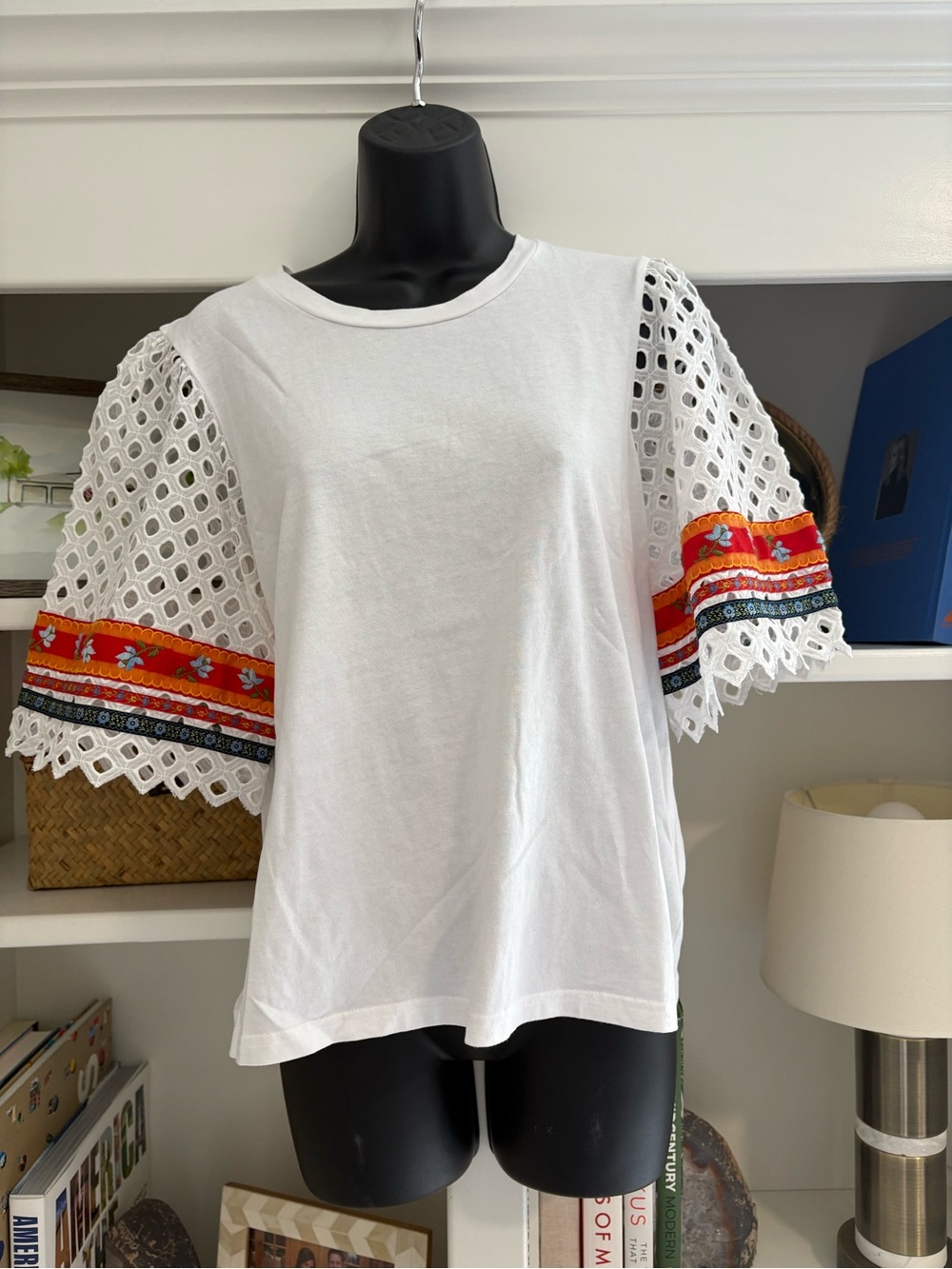 Tory Burch White Cotton Tee with Orange & Multicolor Eyelet Sleeves